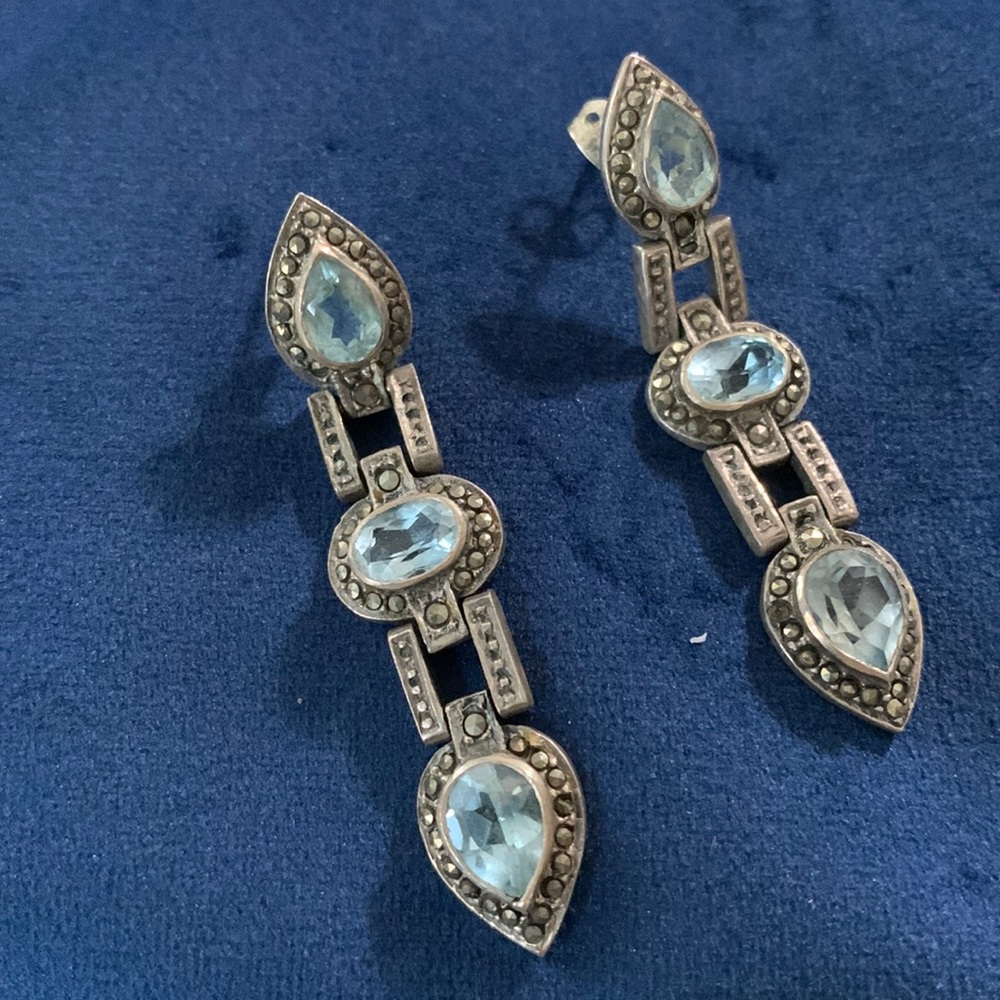 Topaz Marcasite Earrings Dangle .925 gemstone blue
